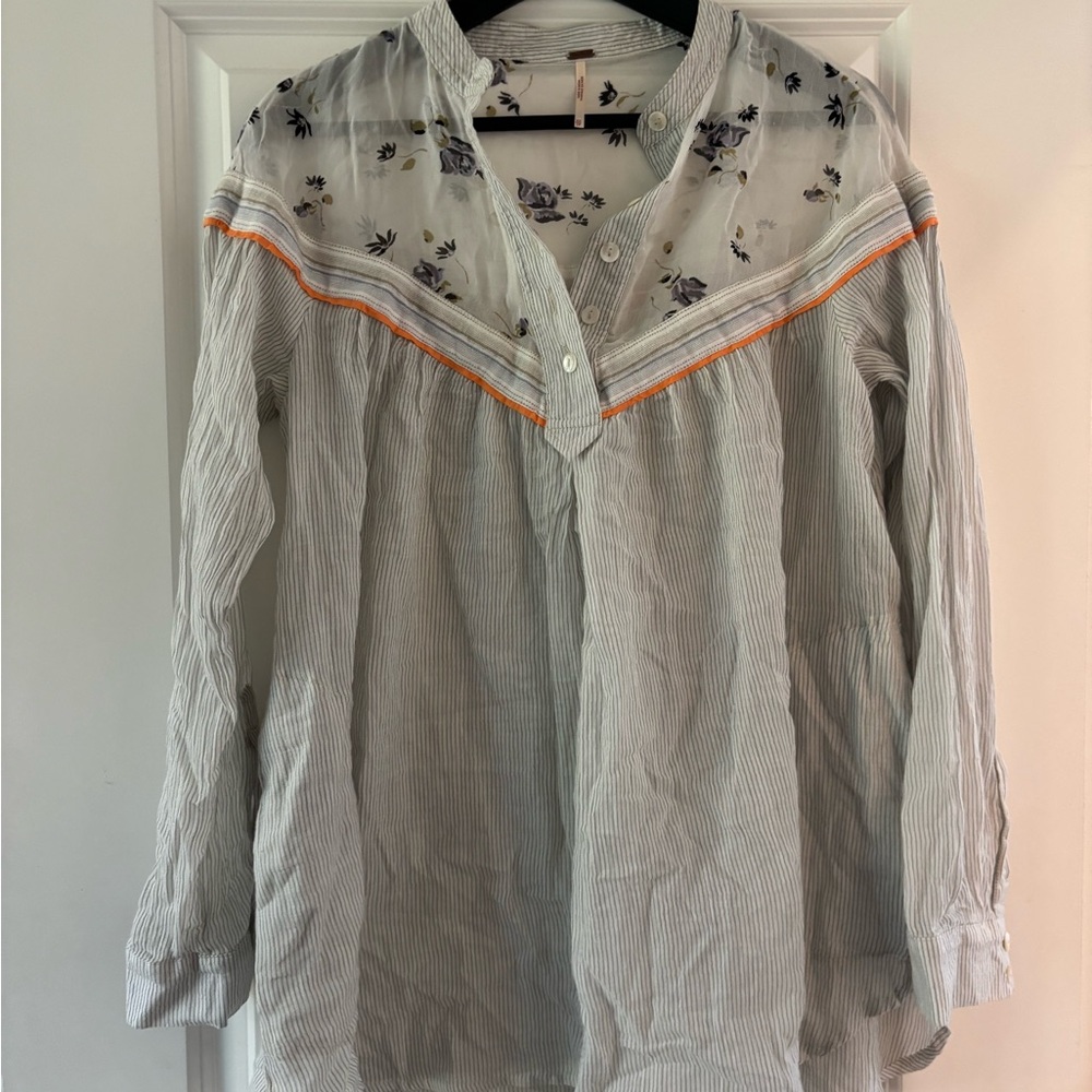 Free People White Blouse with Purple Floral Design